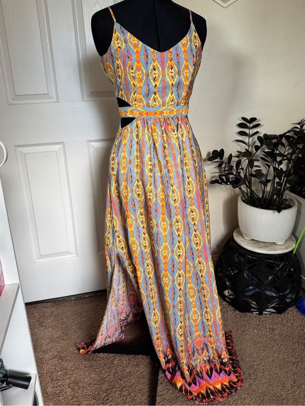 GB Yellow Blue Multi-Print Cutout Maxi Dress